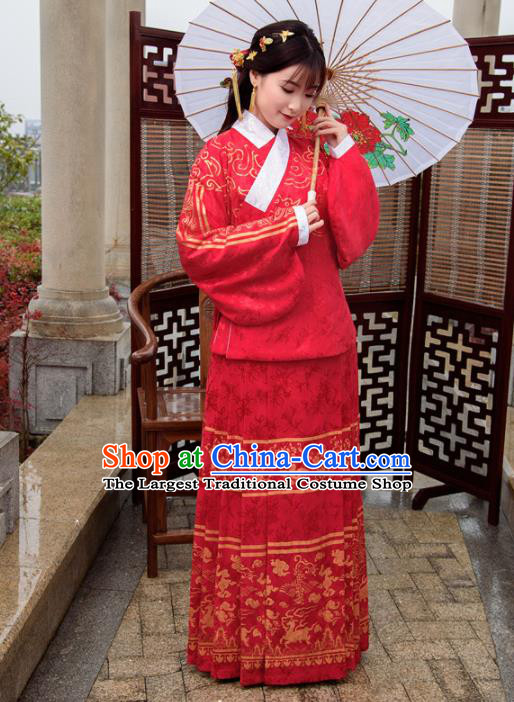 Traditional Chinese Ancient Hanfu Dress Ming Dynasty Princess Costumes Red Blouse and Skirt for Women