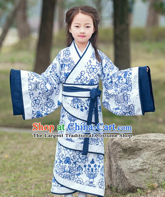 Traditional Chinese Ancient Han Dynasty Princess Costume Blue Curving-front Robe for Kids