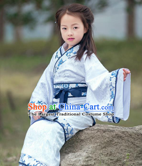 Traditional Chinese Ancient Han Dynasty Princess Costume White Curving-front Robe for Kids
