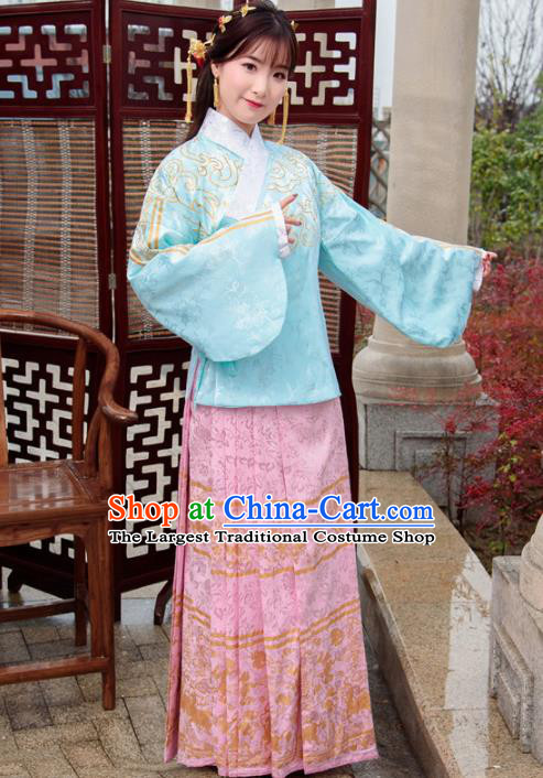 Traditional Chinese Ancient Hanfu Dress Ming Dynasty Princess Costumes Blue Blouse and Pink Skirt for Women