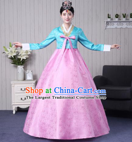 Traditional Korean Palace Costumes Asian Korean Hanbok Bride Blue Blouse and Pink Skirt for Women