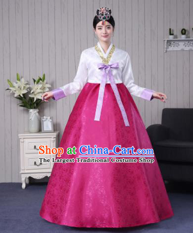 Traditional Korean Palace Costumes Asian Korean Hanbok Bride White Blouse and Rosy Skirt for Women