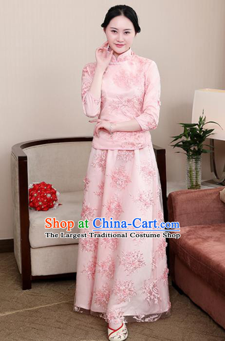 Chinese Ancient Nobility Lady Costumes Traditional Embroidered Pink Qipao Blouse and Skirt for Women