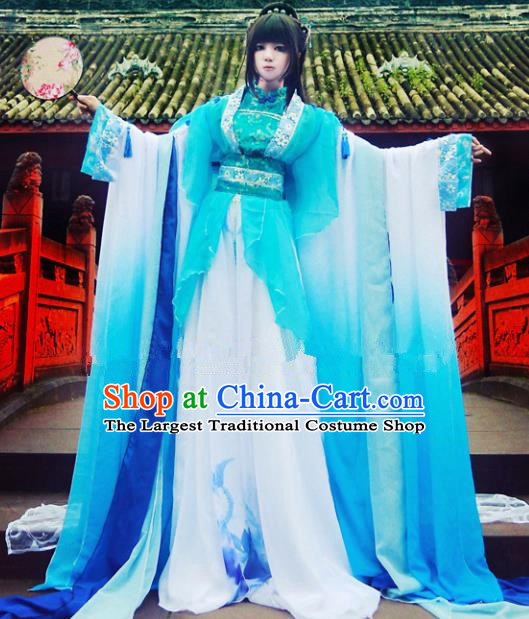 Chinese Ancient Cosplay Peri Goddess Blue Hanfu Dress Traditional Tang Dynasty Princess Costume for Women