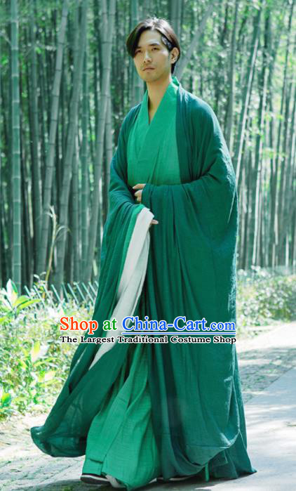 Chinese Ancient Traditional Jin Dynasty Swordsman Hermit Green Costumes for Men