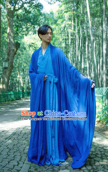Chinese Ancient Traditional Han Dynasty Blue Cloak Scholar Swordsman Costumes for Men