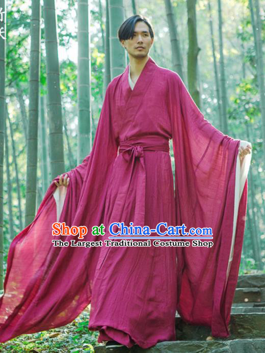 Chinese Ancient Traditional Han Dynasty Wine Red Cloak Scholar Swordsman Costumes for Men