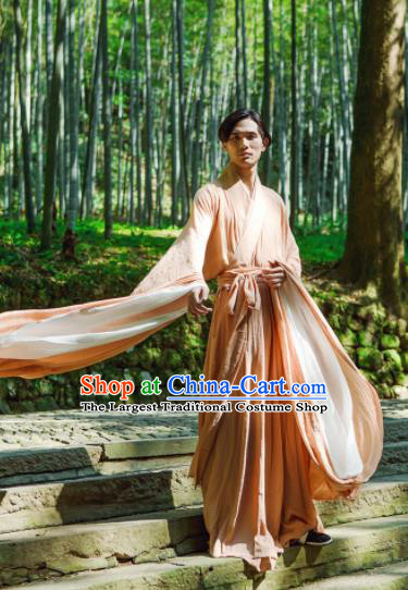 Chinese Ancient Traditional Han Dynasty Orange Wide Sleeve Robe Scholar Swordsman Costumes for Men