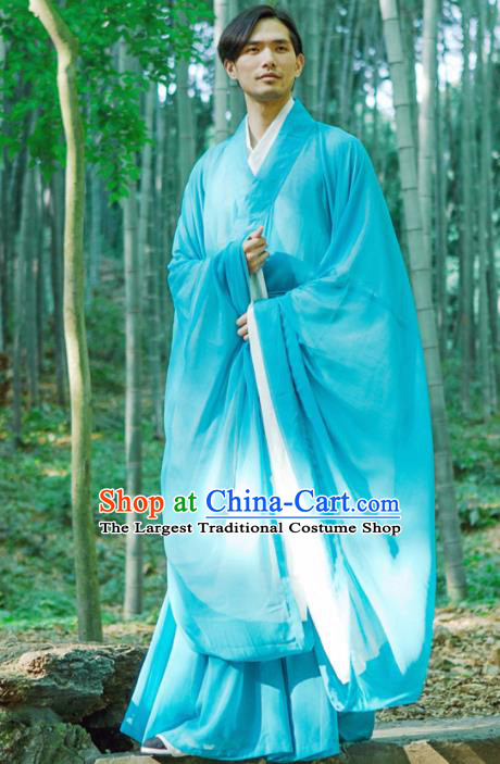 Chinese Ancient Traditional Han Dynasty Blue Wide Sleeve Robe Scholar Swordsman Costumes for Men