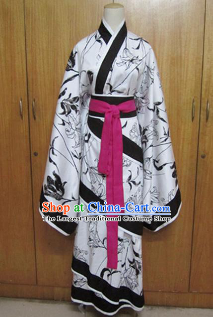 Traditional Chinese Han Dynasty Dance White Curving-Front Robe Ancient Princess Costume for Women