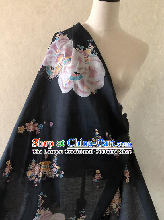 Asian Chinese Traditional Fabric Classical Printing Peony Pattern Black Brocade Cheongsam Cloth Silk Fabric
