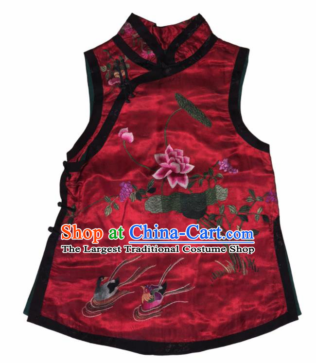 Traditional Chinese Handmade Embroidered Mandarin Duck Lotus Costume Tang Suit Slant Opening Vest for Women