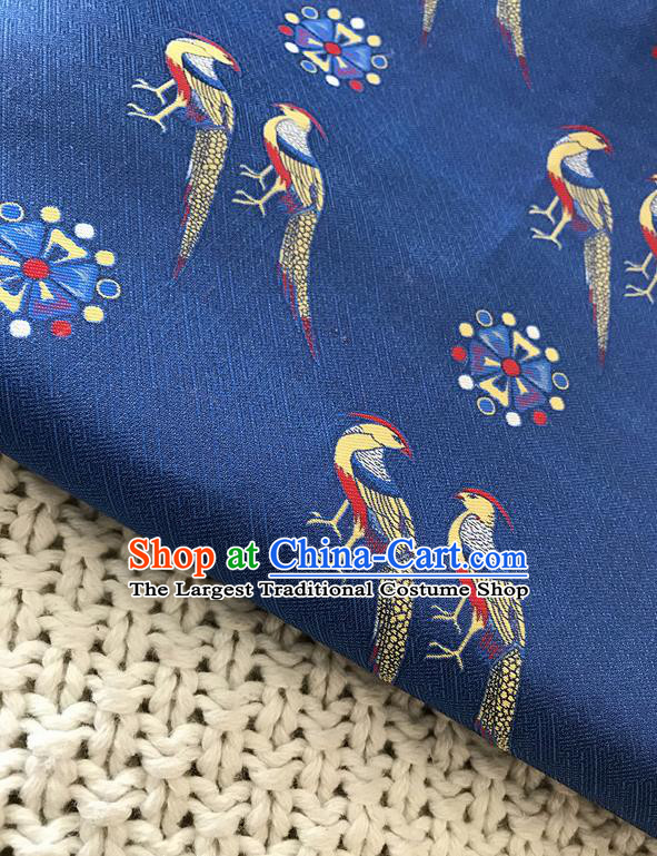 Asian Chinese Traditional Blue Silk Fabric Royal Birds Pattern Brocade Cheongsam Cloth Silk Fabric