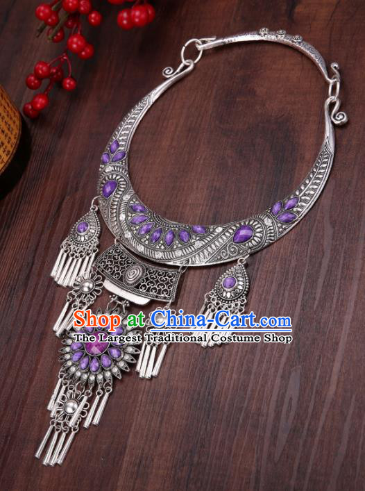 Chinese Traditional Jewelry Accessories Miao Minority Tassel Purple Necklace for Women