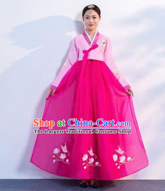 Top Grade Korean Traditional Costumes Asian Korean Hanbok Bride Pink Blouse and Rosy Skirt for Women