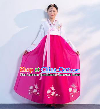 Top Grade Korean Traditional Costumes Asian Korean Hanbok Bride White Blouse and Rosy Skirt for Women