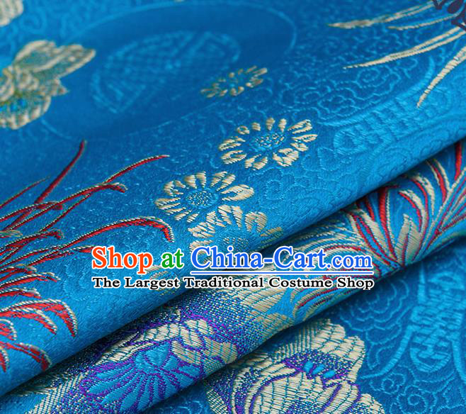 Chinese Traditional Blue Brocade Fabric Chrysanthemum Pattern Tang Suit Silk Cloth Cheongsam Material Drapery