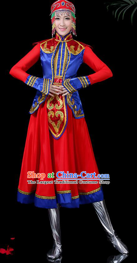 Chinese Traditional Classical Dance Red Dress Mongol Minority Folk Dance Clothing for Women