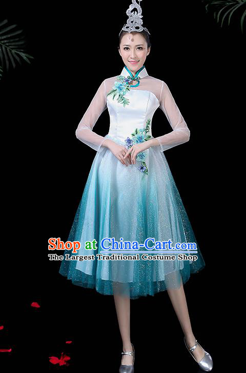 Chinese Classical Dance Costume Traditional Folk Dance Chorus Blue Dress for Women