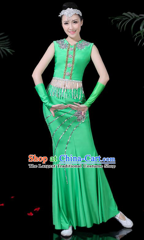 Chinese Traditional Classical Peacock Dance Green Dress Dai Minority Folk Dance Costume for Women