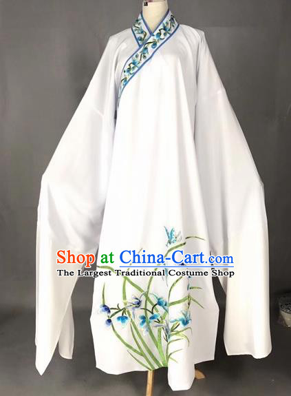 Chinese Traditional Beijing Opera Scholar Embroidered Orchid White Robe Peking Opera Niche Costume for Adults