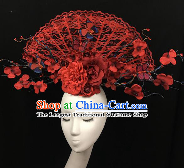 Top Halloween Red Lace Hair Accessories Stage Show Chinese Traditional Catwalks Headpiece for Women