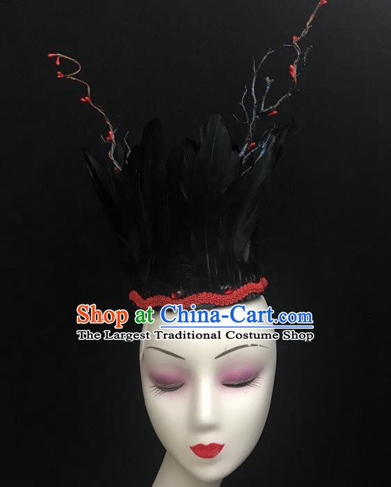Top Brazilian Carnival Stage Show Headpiece Royal Crown Halloween Catwalks Black Feather Hair Accessories for Women