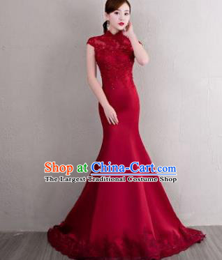 Chinese Traditional Elegant Qipao Dress Classical Costume Wine Red Lace Mermaid Cheongsam for Women