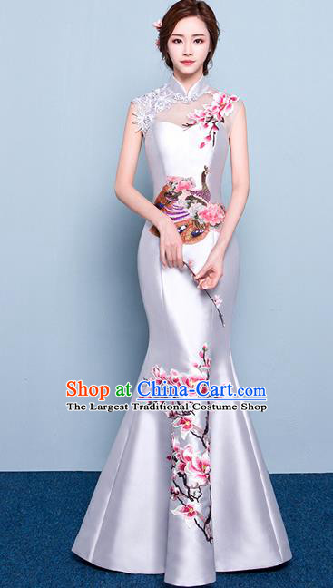 Chinese Traditional Elegant Magnolia Qipao Dress Classical Costume White Cheongsam for Women