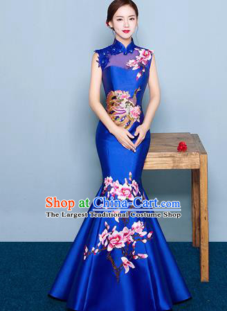 Chinese Traditional Elegant Magnolia Qipao Dress Classical Costume Royalblue Cheongsam for Women