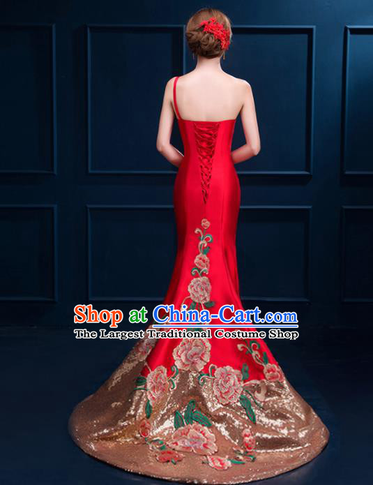 Chinese Traditional Elegant Trailing Qipao Dress Classical Costume Red Cheongsam for Women