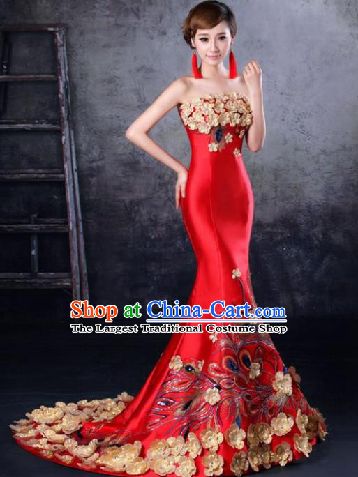 Chinese Traditional Wedding Trailing Full Dress Classical Costume Elegant Red Cheongsam for Women