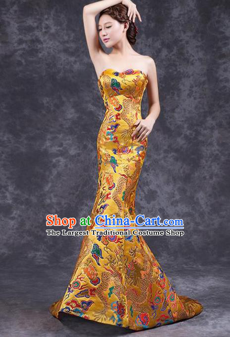 Chinese Traditional Costume Classical Qipao Dress Elegant Embroidered Dragon Golden Cheongsam for Women
