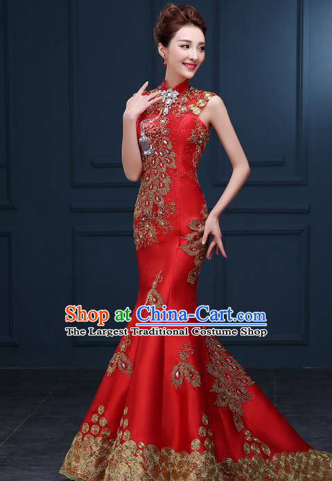 Chinese Traditional Elegant Wedding Qipao Dress Classical Costume Red Mermaid Cheongsam for Women