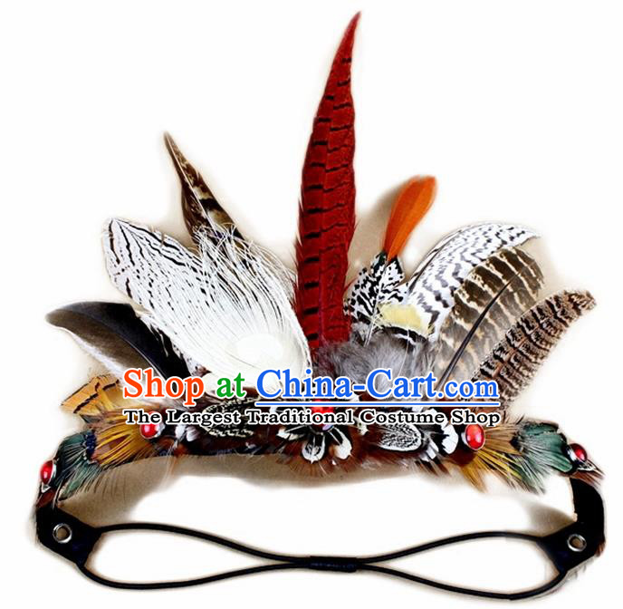 Top Halloween Apache Knight Feather Headpiece Carnival Catwalks Primitive Tribe Hair Clasp