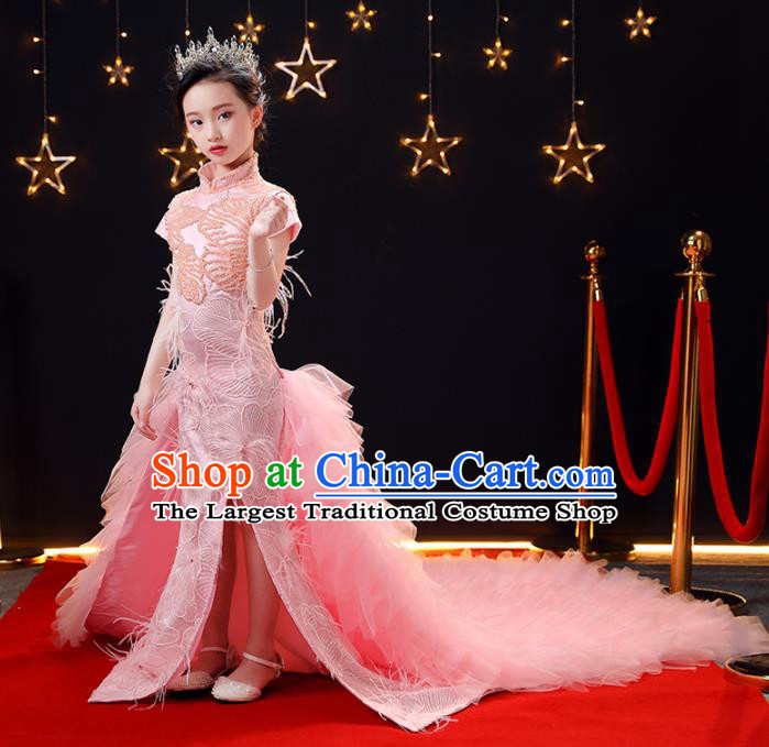 Top Modern Dance Costume Children Opening Dance Compere Performance Pink Feather Trailing Full Dress for Girls Kids