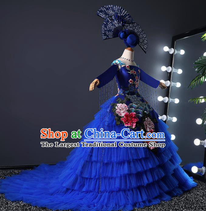 Children Modern Dance Costume Opening Dance Compere Catwalks Royalblue Veil Trailing Dress for Girls Kids
