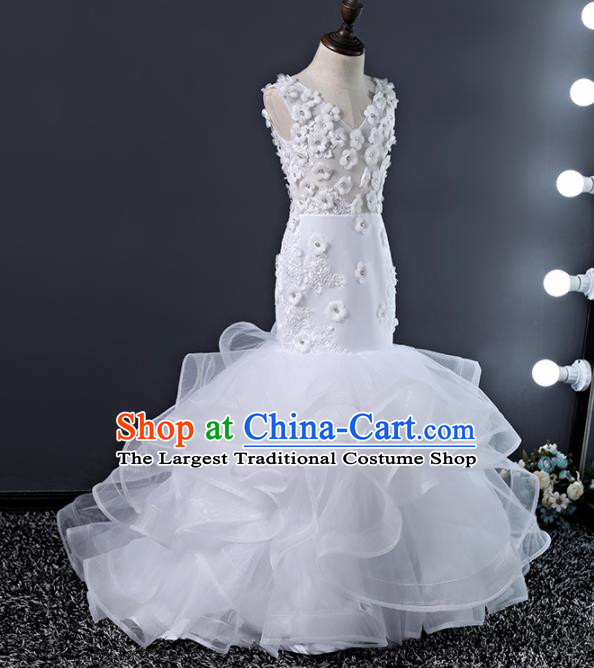 Children Modern Dance Costume Court Dance Compere White Veil Full Dress for Girls Kids
