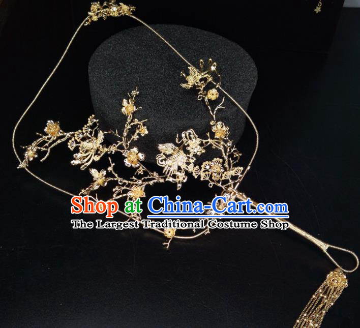 Chinese Traditional Wedding Accessories Classical Bride Golden Cranes Palace Fan for Women