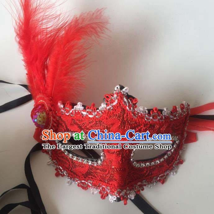 Top Grade Halloween Red Lace Mask Fancy Ball Cosplay Feather Face Masks for Women