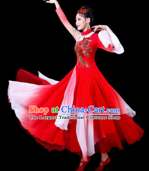 Chinese Traditional Classical Dance Costumes Umbrella Dance Group Dance Red Dress for Women