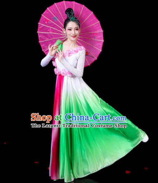 Chinese Classical Fan Dance Green Dress Traditional Chorus Umbrella Dance Costumes for Women