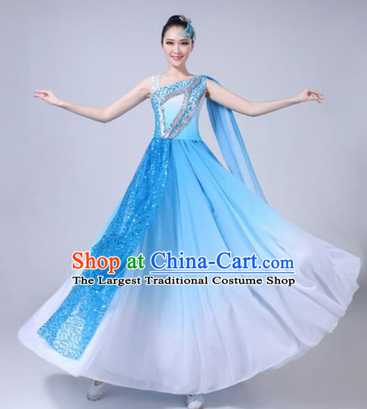 Top Grade Stage Show Costumes Modern Dance Chorus Group Blue Long Dress for Women
