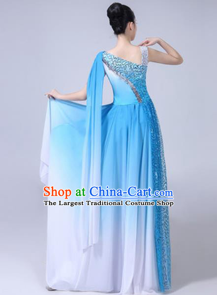 Top Grade Stage Show Costumes Modern Dance Chorus Group Blue Long Dress for Women