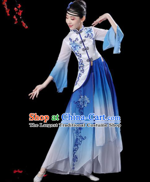 Chinese Classical Dance Umbrella Dance Blue Dress Traditional Group Dance Chorus Costumes for Women