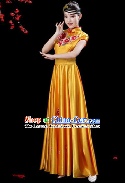 Chinese Classical Dance Chorus Yellow Silk Embroidered Dress Traditional Umbrella Dance Fan Dance Costumes for Women