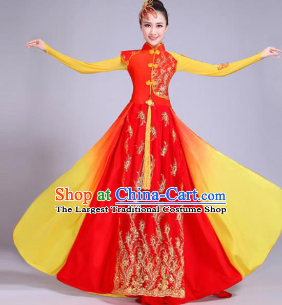 Chinese Classical Dance Costumes Traditional Group Dance Umbrella Dance Red Dress for Women
