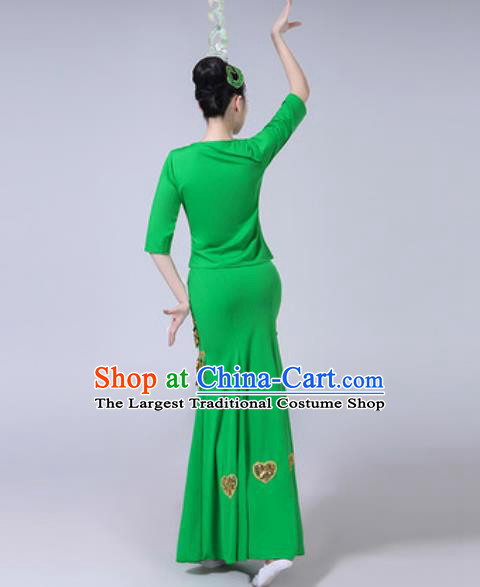 Chinese Ethnic Costumes Traditional Dai Nationality Peacock Dance Folk Dance Green Dress for Women