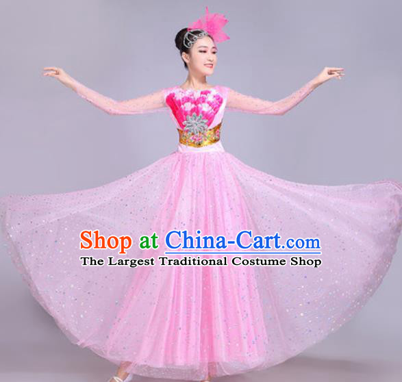 Professional Modern Dance Pink Veil Dress Stage Show Chorus Group Dance Costumes for Women
