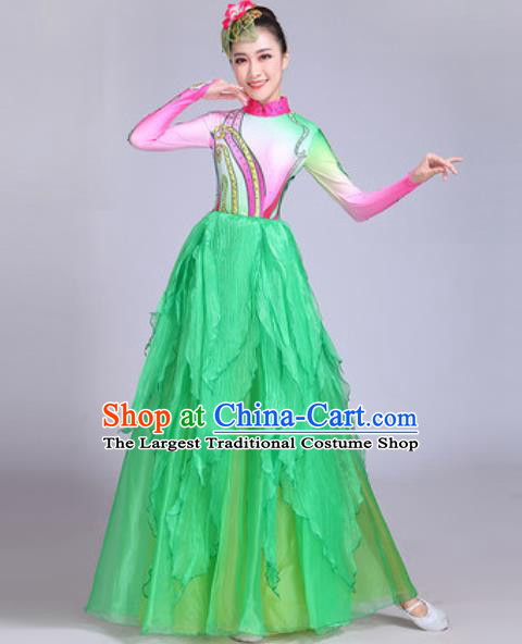 Professional Modern Dance Green Long Dress Stage Show Chorus Group Dance Costumes for Women